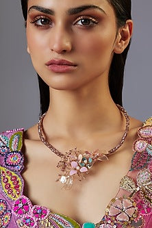 Gold Finish Multi-Colored Enameled Floral Necklace