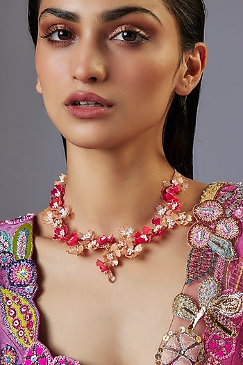 Gold Finish Pink Enameled Floral Necklace