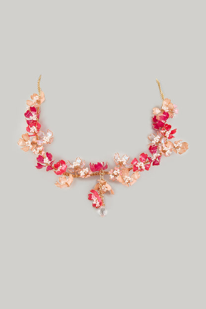 Gold Finish Pink Enameled Floral Necklace
