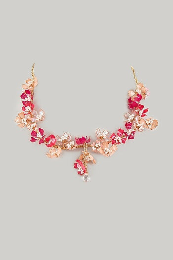Gold Finish Pink Enameled Floral Necklace
