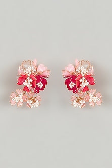 Gold Finish Pink Enameled Floral Stud Earrings