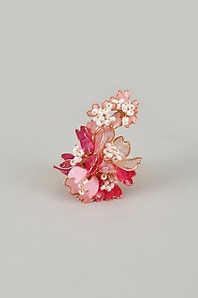 Gold Finish Pink Enameled Adjustable Floral Ring