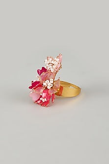 Gold Finish Pink Enameled Adjustable Floral Ring