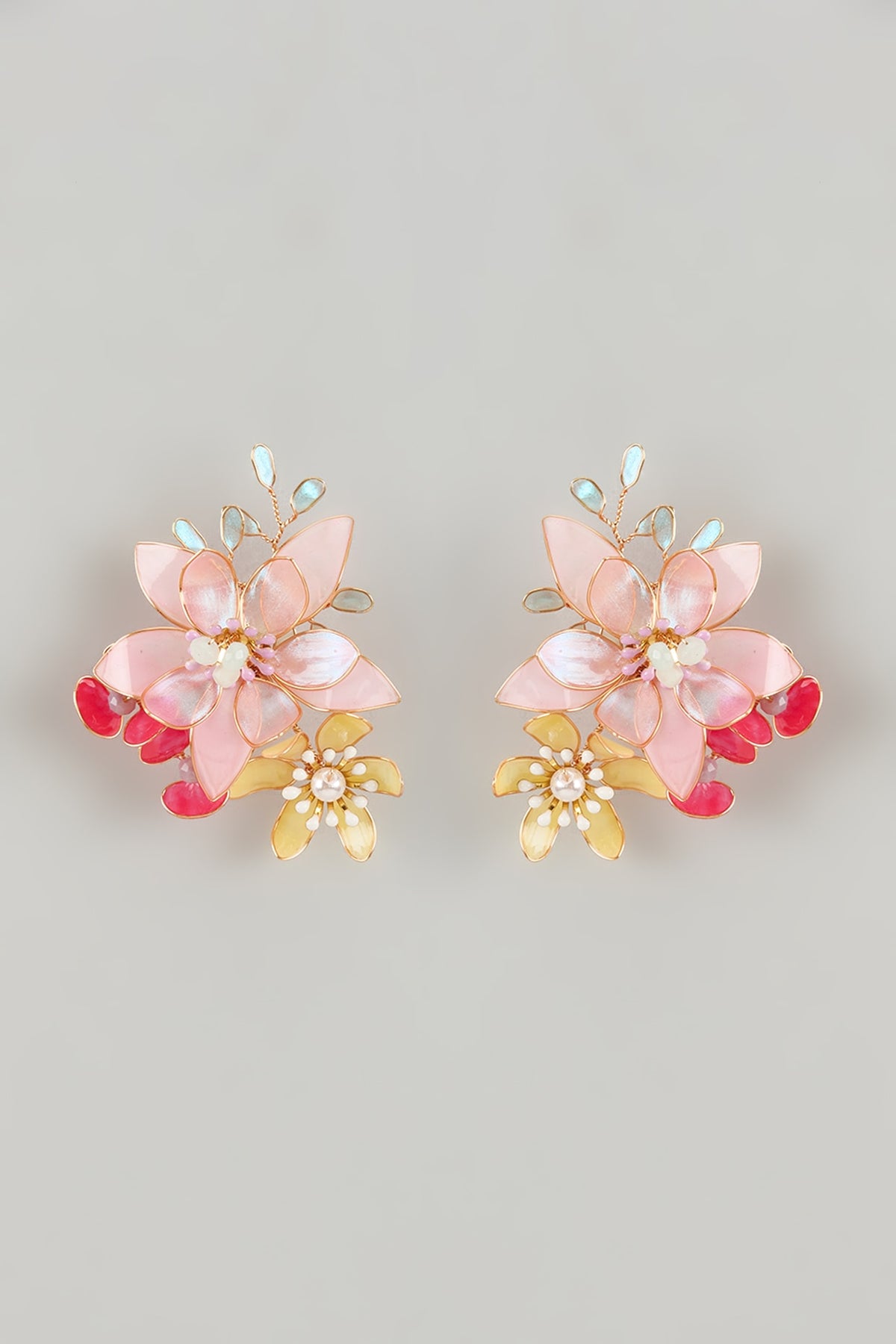 Gold Finish Multi-Colored Enameled Floral Stud Earrings