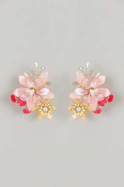Gold Finish Multi-Colored Enameled Floral Stud Earrings