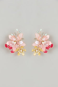 Gold Finish Multi-Colored Enameled Floral Stud Earrings