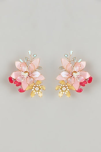 Gold Finish Multi-Colored Enameled Floral Stud Earrings