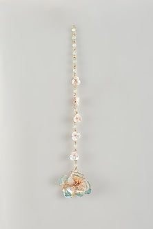 Gold Finish Pearl Blue Enameled Floral Maangtikka