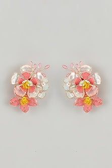 Gold Finish Multi-Colored Enameled Floral Stud Earrings