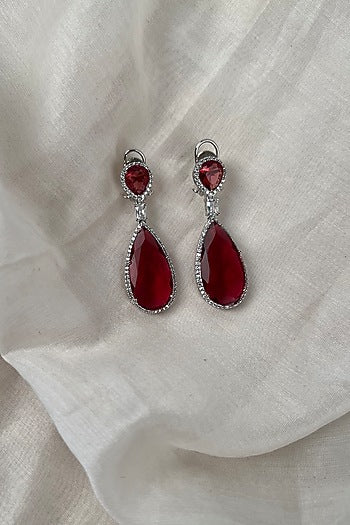 White Rhodium Finish Zirconia & Red Stone Dangler Earrings