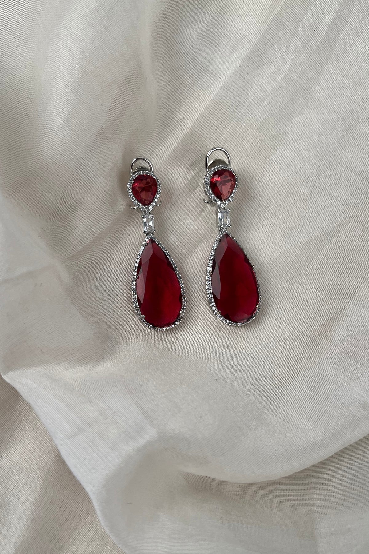 White Rhodium Finish Zirconia & Red Stone Dangler Earrings