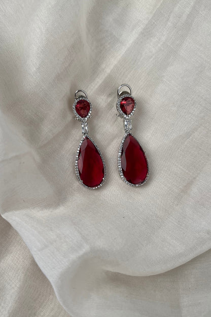 White Rhodium Finish Zirconia & Red Stone Dangler Earrings