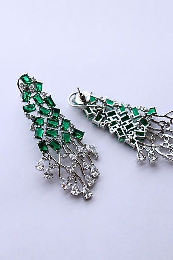 White Rhodium Finish Zirconia & Green Stones Dangler Earrings