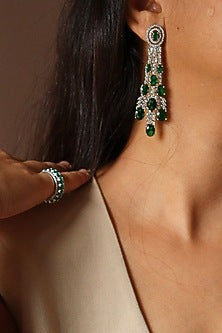 White Rhodium Finish Zirconia & Green Stones Dangler Earrings