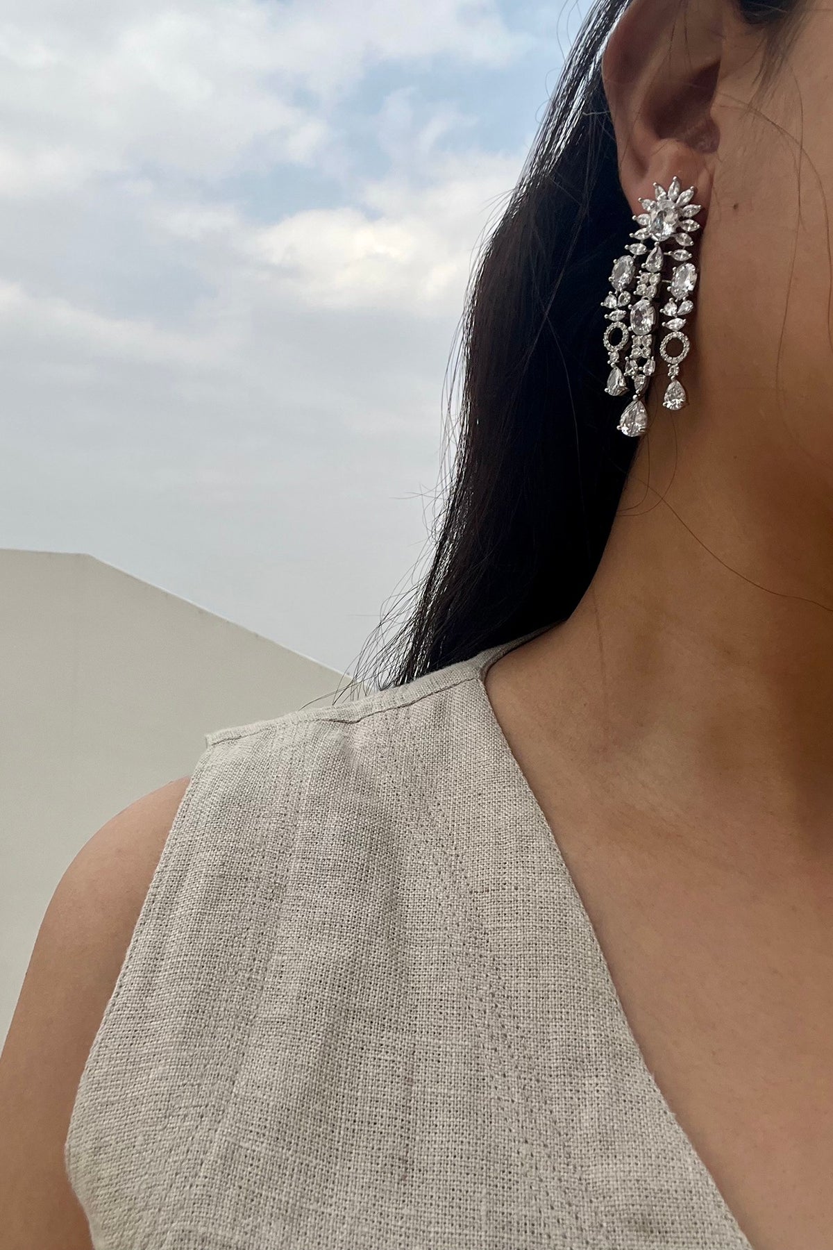 White Rhodium Finish Zirconia Dangler Earrings