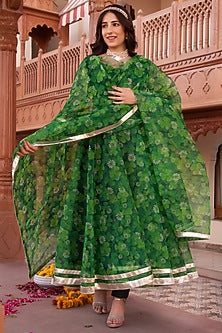 Spring Green Organza Printed Anarkali Set