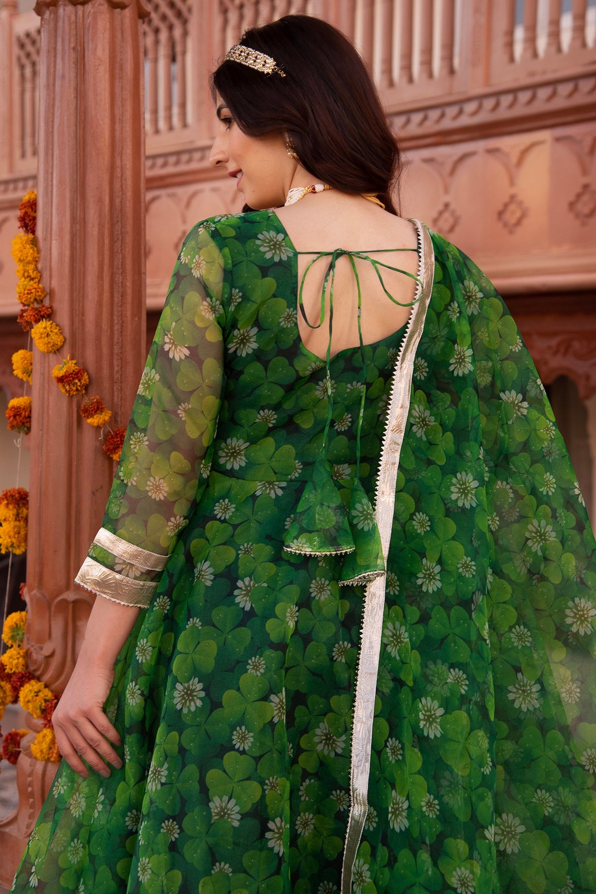Spring Green Organza Printed Anarkali Set