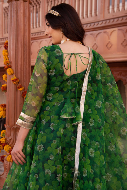 Spring Green Organza Printed Anarkali Set