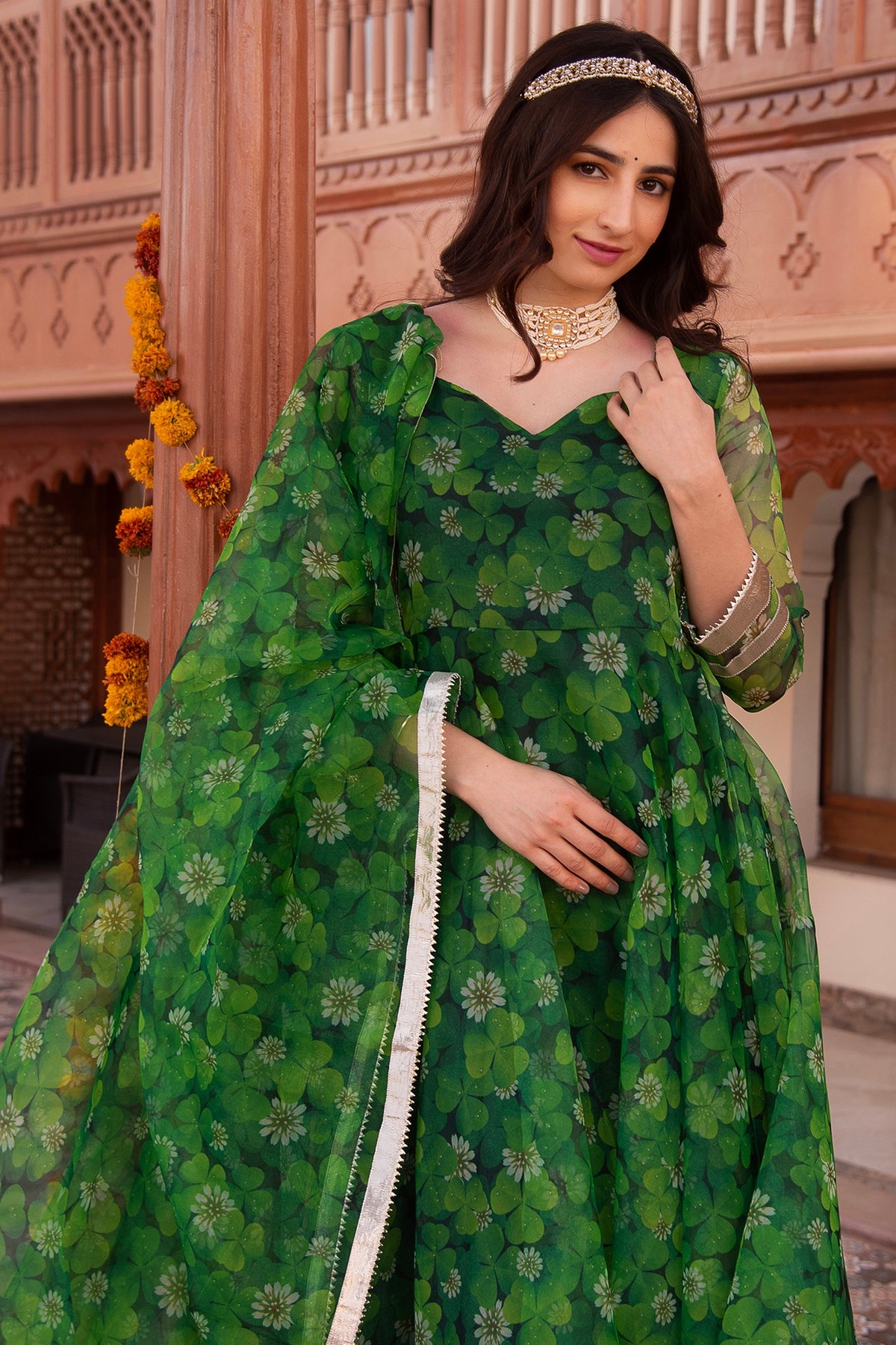 Spring Green Organza Printed Anarkali Set
