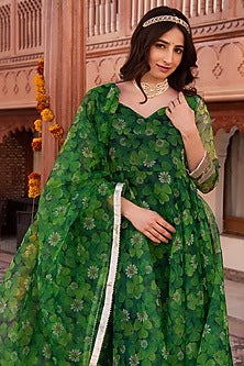 Spring Green Organza Printed Anarkali Set