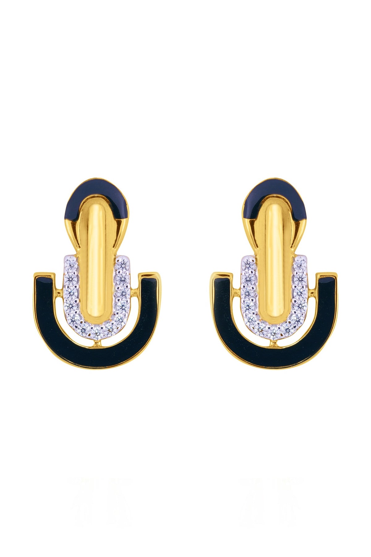Gold Finish Cubic Zirconia Enameled Stud Earrings In Sterling Silver