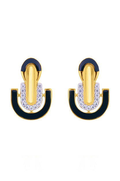 Gold Finish Cubic Zirconia Enameled Stud Earrings In Sterling Silver