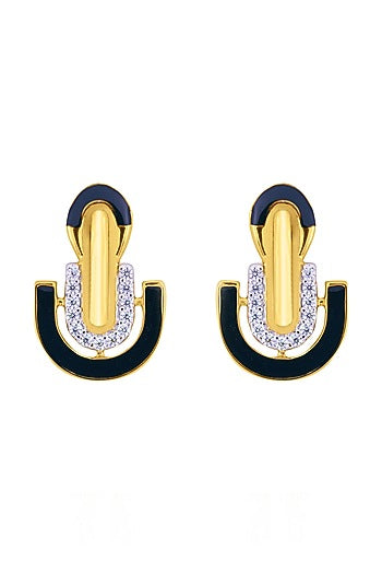 Gold Finish Cubic Zirconia Enameled Stud Earrings In Sterling Silver