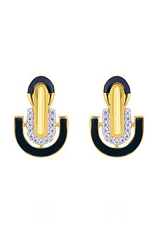 Gold Finish Cubic Zirconia Enameled Stud Earrings In Sterling Silver