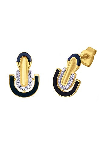 Gold Finish Cubic Zirconia Enameled Stud Earrings In Sterling Silver