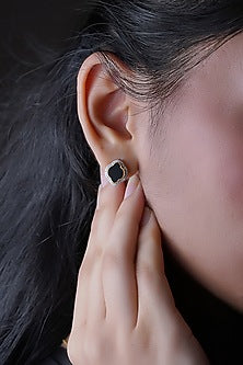Gold Finish Cubic Zirconia & Black Onyx Stud Earrings In Sterling Silver