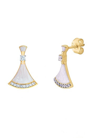 Gold Finish Mother Of Pearl Enameled Stud Earrings In Sterling Silver