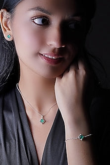 White Finish Cubic Zirconia & Green Onyx Stud Earrings In Sterling Silver