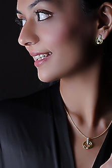 Gold Finish Cubic Zirconia Enameled Stud Earrings In Sterling Silver