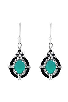 White Finish Cubic Zirconia & Green Onyx Dangler Earrings In Sterling Silver