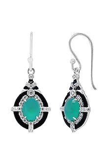 White Finish Cubic Zirconia & Green Onyx Dangler Earrings In Sterling Silver