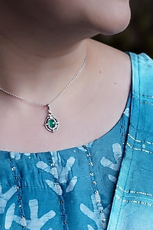 White Finish Cubic Zirconia & Green Onyx Pendant In Sterling Silver