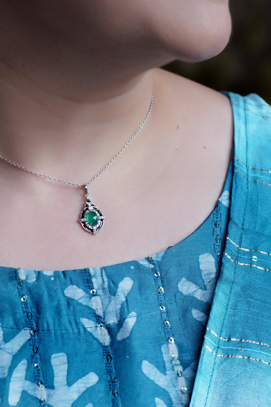 White Finish Cubic Zirconia & Green Onyx Pendant In Sterling Silver