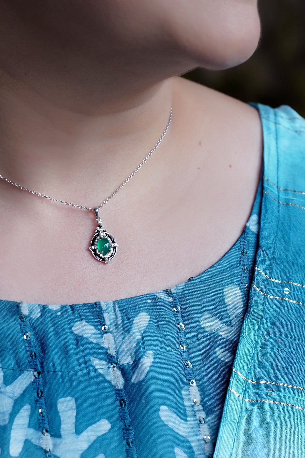 White Finish Cubic Zirconia & Green Onyx Pendant In Sterling Silver