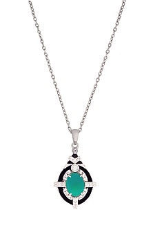 White Finish Cubic Zirconia & Green Onyx Pendant In Sterling Silver