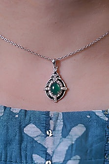 White Finish Cubic Zirconia & Green Onyx Pendant In Sterling Silver