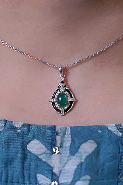 White Finish Cubic Zirconia & Green Onyx Pendant In Sterling Silver