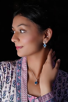 White Finish Blue Gem Stone Dangler Earrings In Sterling Silver