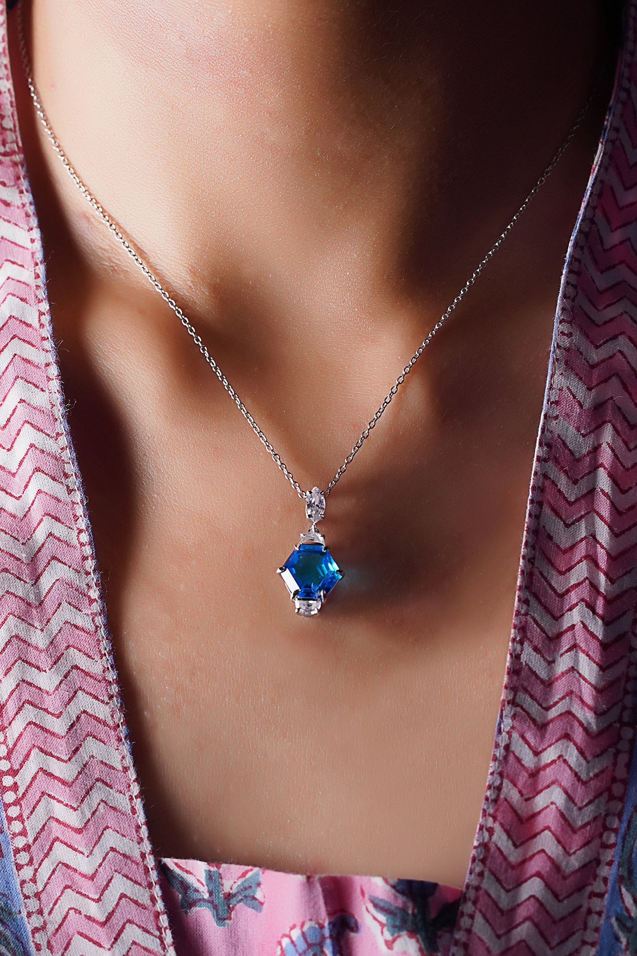 White Finish Blue Gemstone Pendant Chain Necklace In Sterling Silver