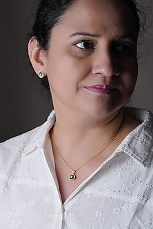 Gold Finish Malachite & Cubic Zirconia Pendant Chain Necklace In Sterling Silver