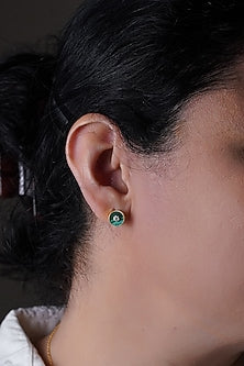 Gold Finish Malachite & Cubic Zirconia Stud Earrings In Sterling Silver