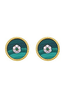 Gold Finish Malachite & Cubic Zirconia Stud Earrings In Sterling Silver