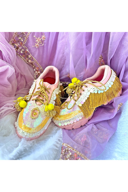 Pink Vegan Leather Fringe & Sequins Work Sneakers