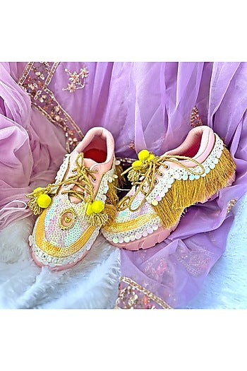 Pink Vegan Leather Fringe & Sequins Work Sneakers