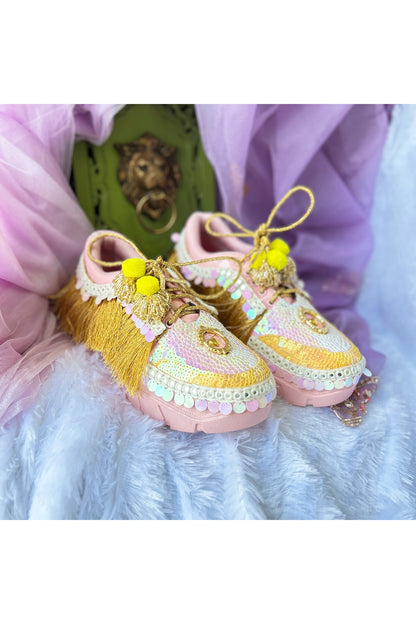 Pink Vegan Leather Fringe & Sequins Work Sneakers