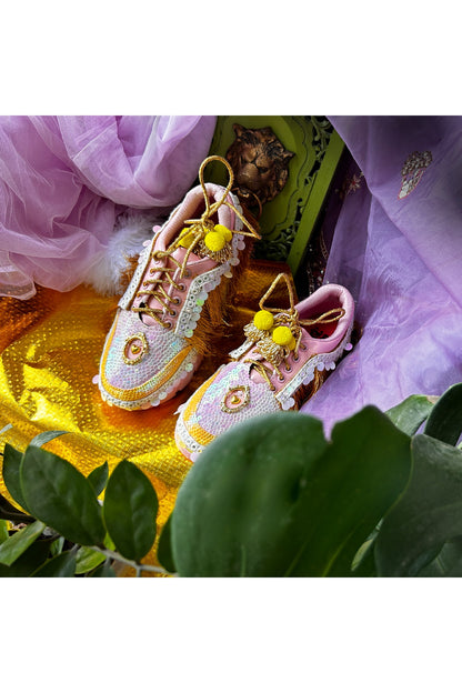 Pink Vegan Leather Fringe & Sequins Work Sneakers